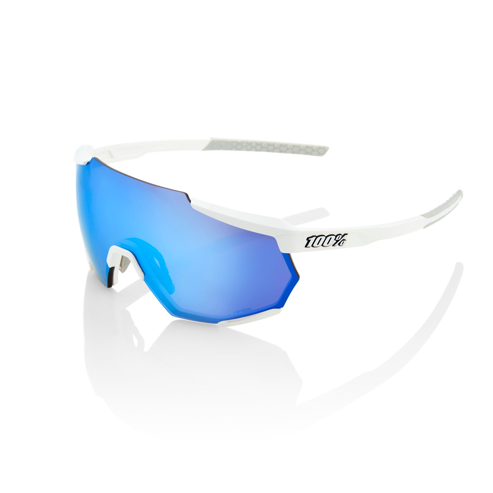 100% Racetrap Sunglasses Matte White HiPER Blue Multilayer Mirror Lens