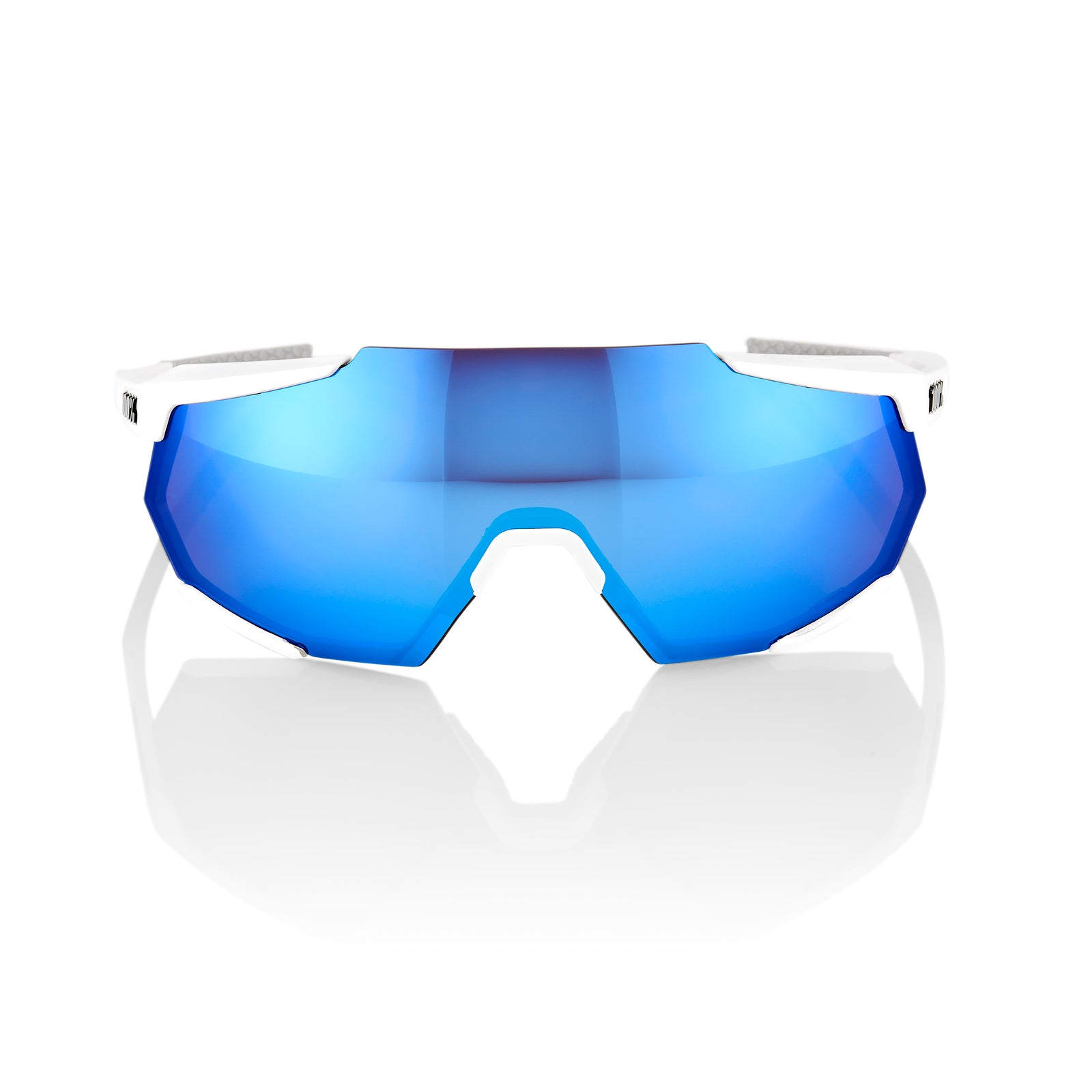 100% Racetrap Sunglasses Matte White HiPER Blue Multilayer Mirror Lens