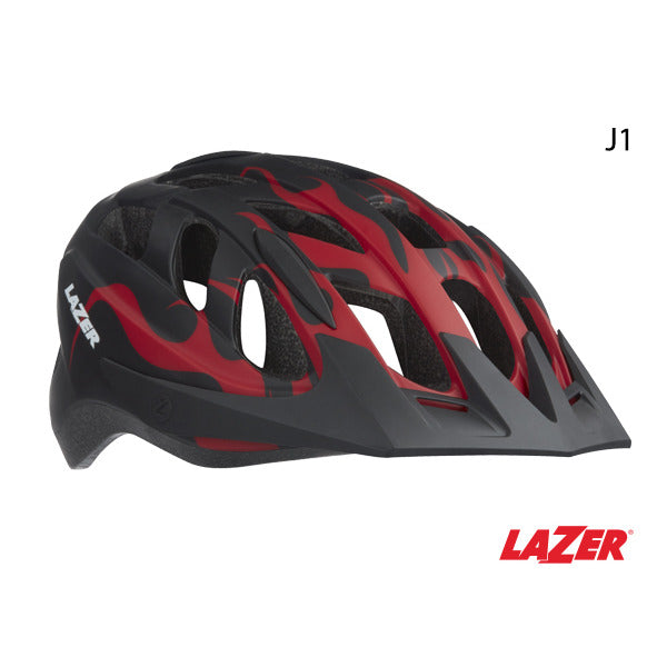 Lazer J1 Youth Bicycle Helmet w LED + Net [Colour: Red Flames] [Size: Small (52-56cm)]